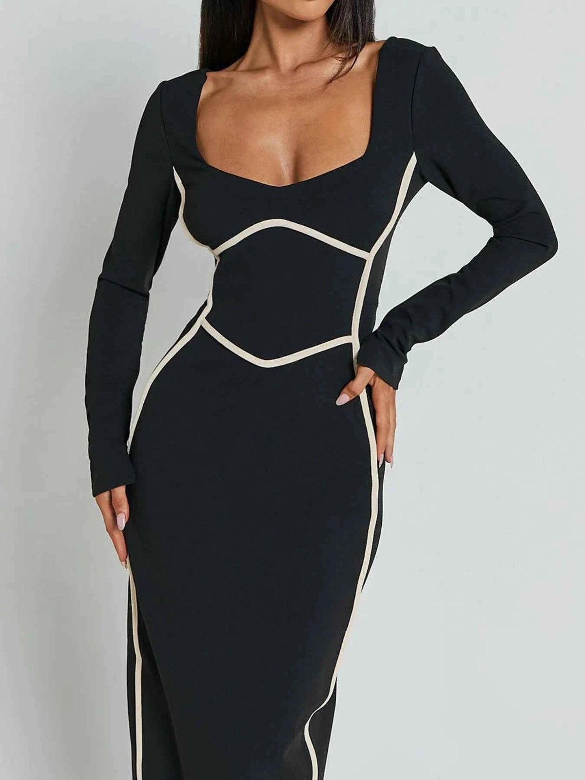 Contrast Trim Long Sleeve Bodycon Maxi Dress