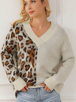 Leopard V Neck Drop Shoulder Sweater Leopard for a perfect OOTD – dress to impress outfits from Amexza