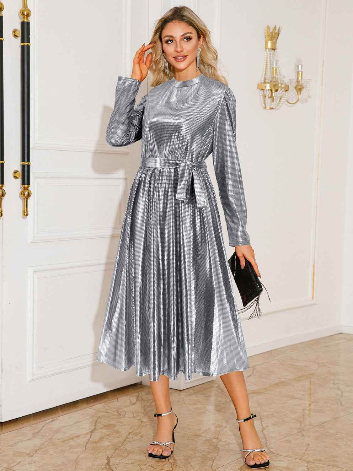 Tie Waist Long Sleeve Midi Dress - Amexza