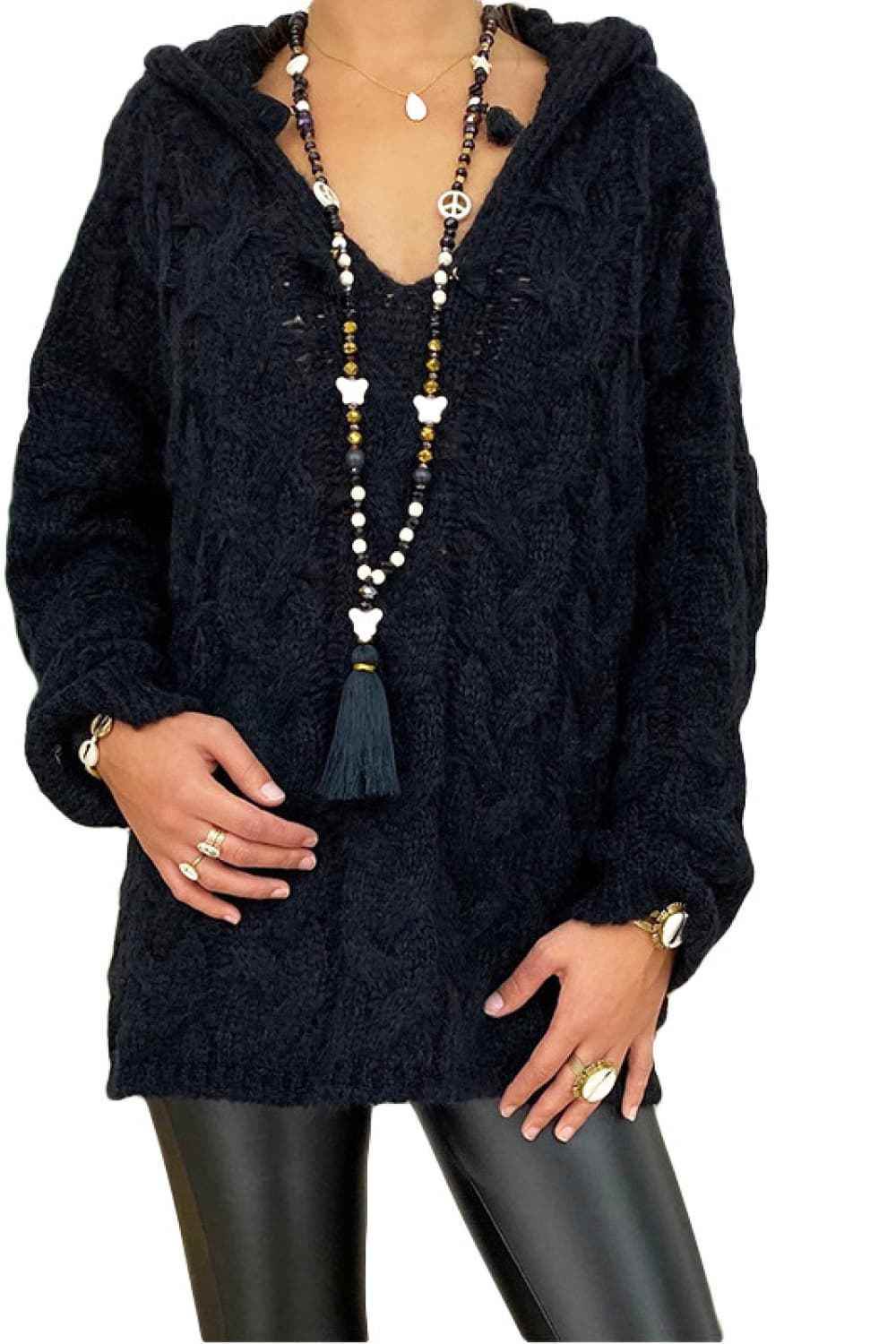 Cable-Knit Hooded Sweater Black for a perfect OOTD – dress to impress outfits from Amexza