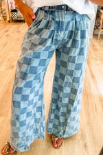Checkered Wide Leg Jeans with Pockets - Amexza
