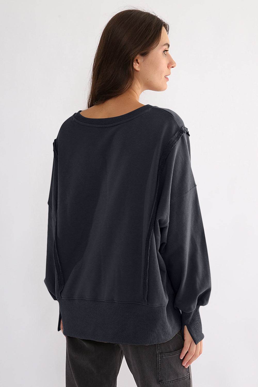 Exposed Seam High-Low Long Sleeve Sweatshirt for a perfect OOTD – dress to impress outfits from Amexza