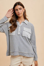 Annie Wear Striped Button Detail Long Sleeve Polo Top for a perfect OOTD – dress to impress outfits from Amexza