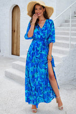 Devine Printed Tied Half Sleeve Slit Dress - Amexza