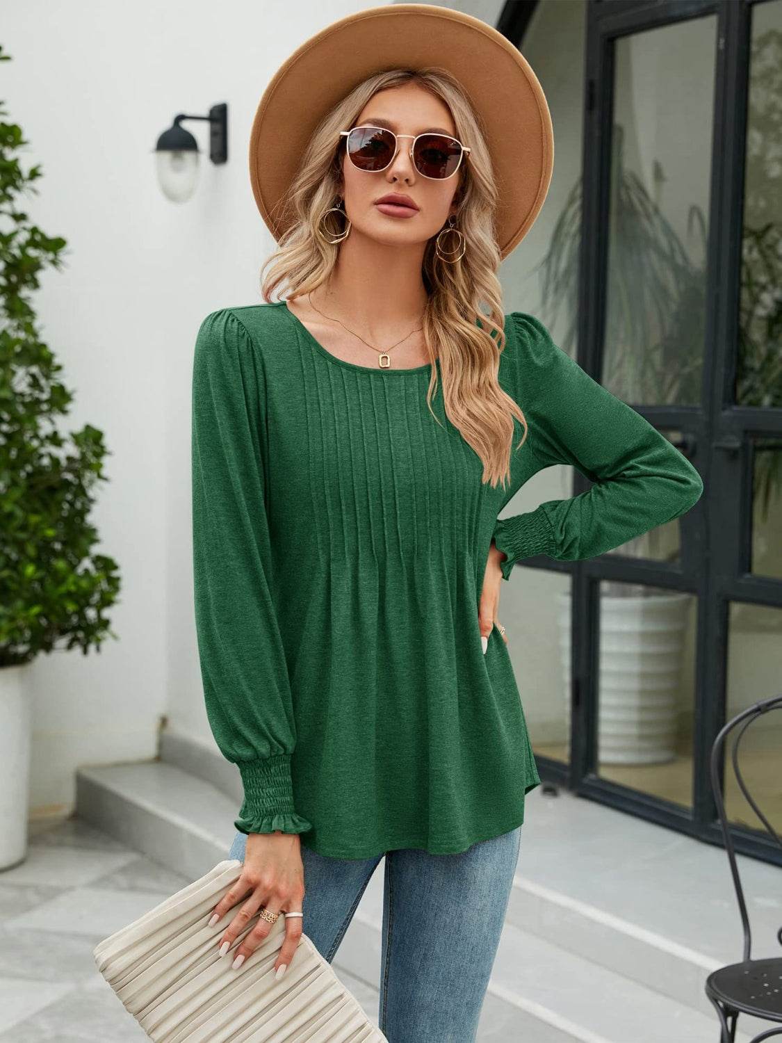 Smocked Round Neck Lantern Sleeve Blouse - Amexza