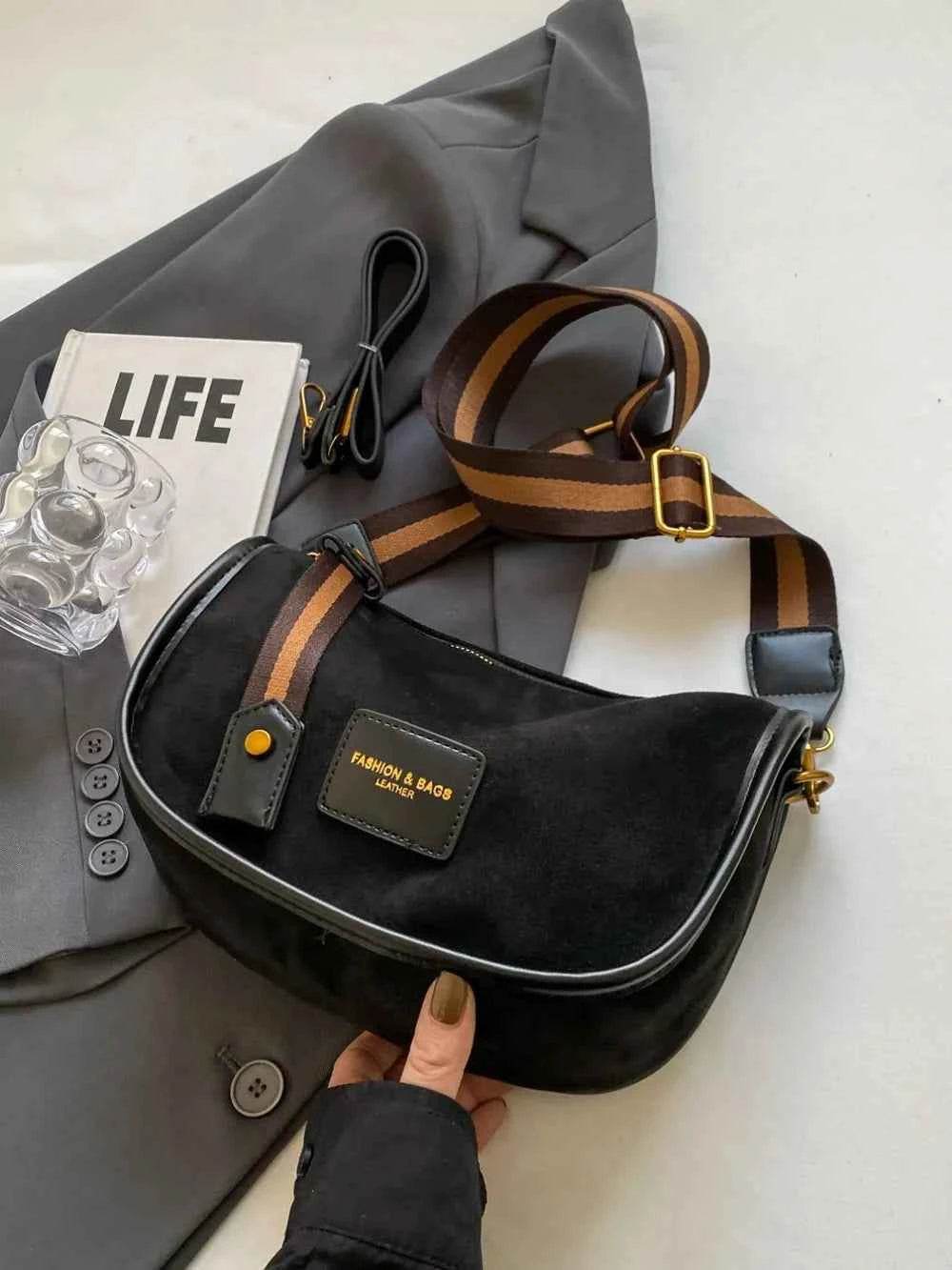 Suede Adjustable Strap Shoulder Bag Black One Size for a perfect OOTD – dress to impress outfits from Amexza