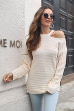Ribbed Cold Shoulder Round Neck Pullover Sweater for a perfect OOTD – dress to impress outfits from Amexza