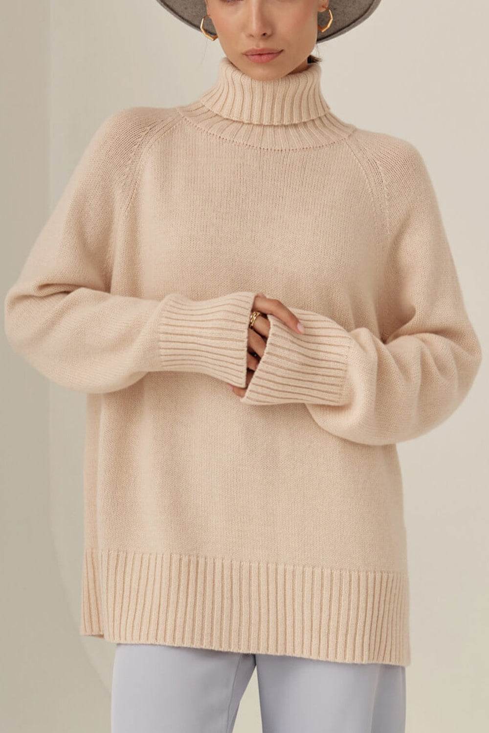 Turtle Neck Raglan Sleeve Sweater Sand for a perfect OOTD – dress to impress outfits from Amexza