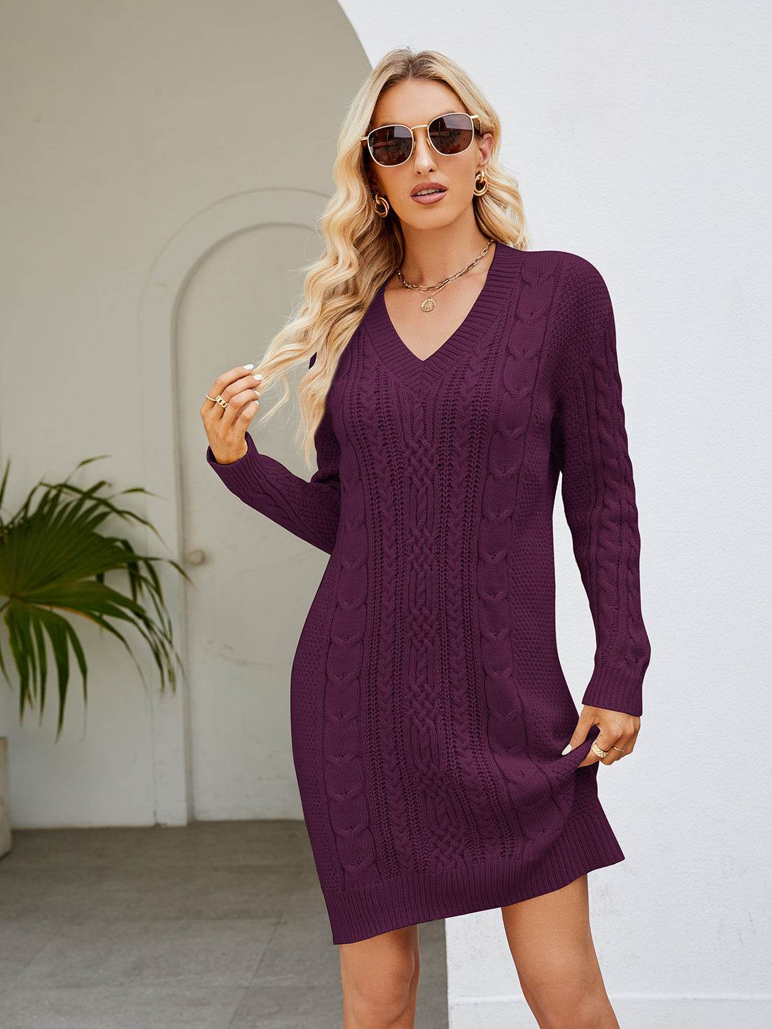 Cable-Knit V-Neck Mini Sweater Dress Wine for a perfect OOTD – dress to impress outfits from Amexza