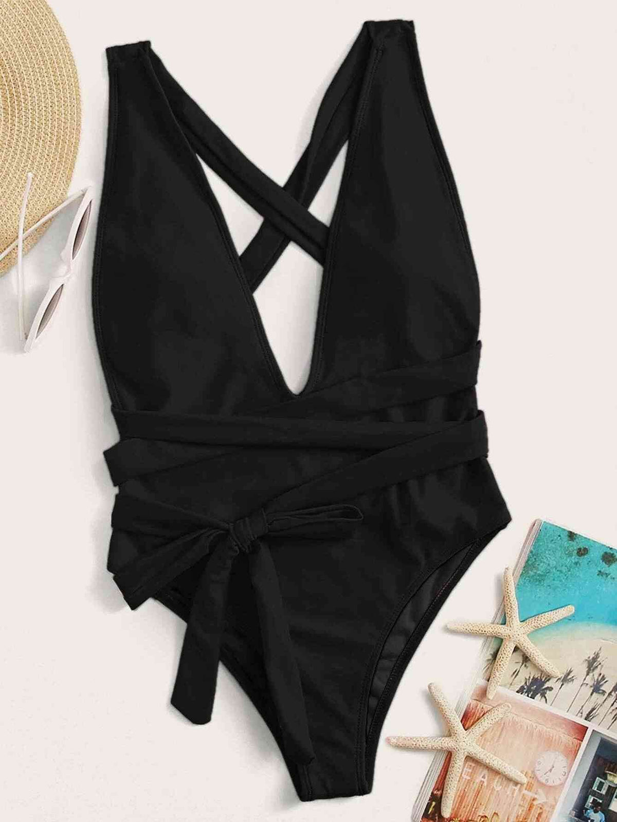 Halter Neck Deep V Tied One-Piece Swimsuit for a perfect OOTD – dress to impress outfits from Amexza