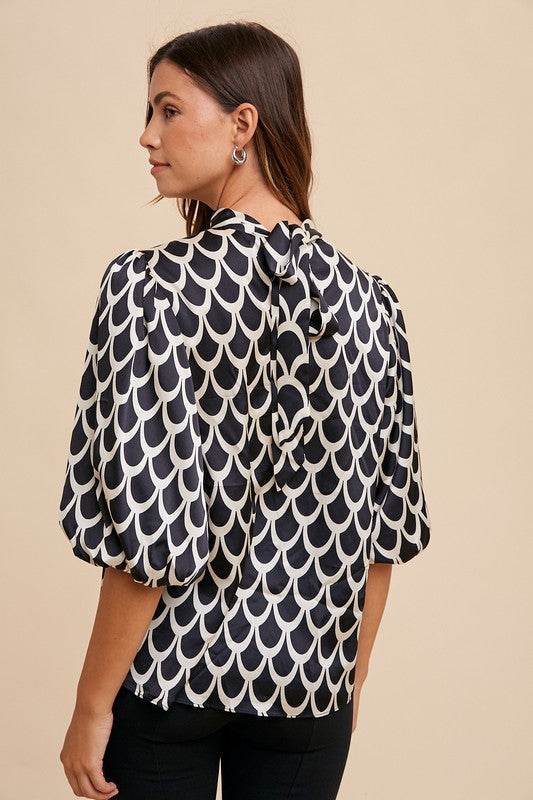Annie Wear Tie Back Abstract Print Mock Neck Half Sleeve Blouse - Amexza