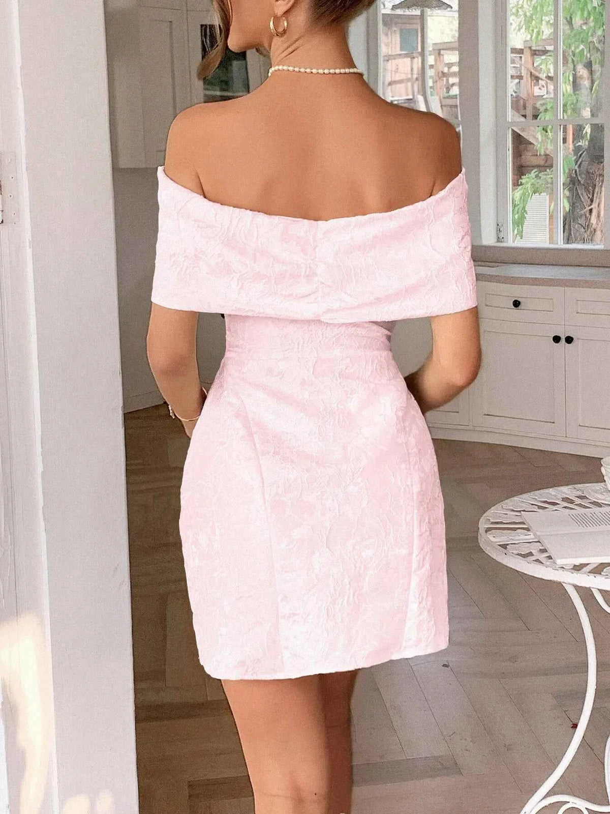 Bow Off-Shoulder Textured Mini Dress