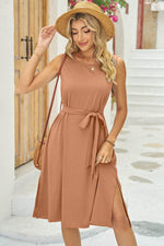Tied Round Neck Sleeveless Dress - Amexza