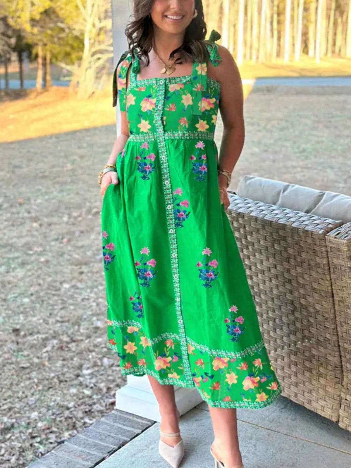 Printed Tie Shoulder Midi Dress