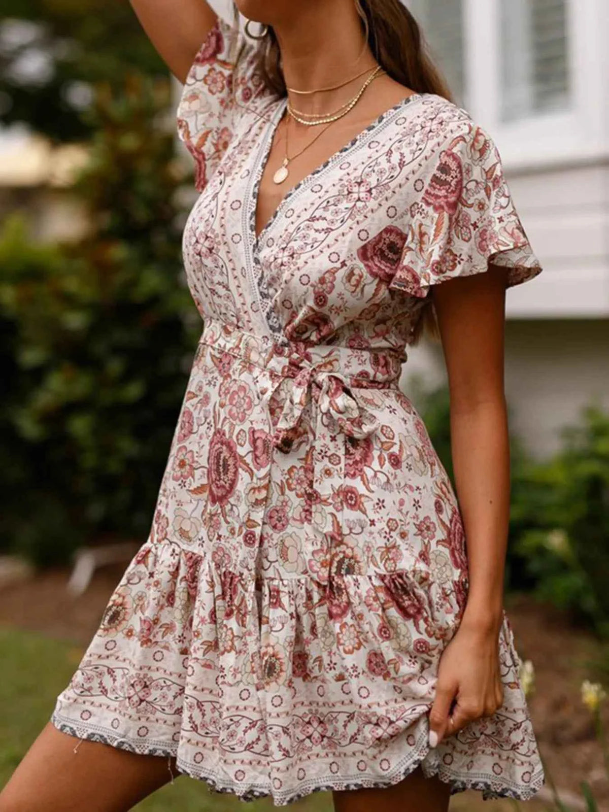 Surplice Flutter Sleeve Mini Dress