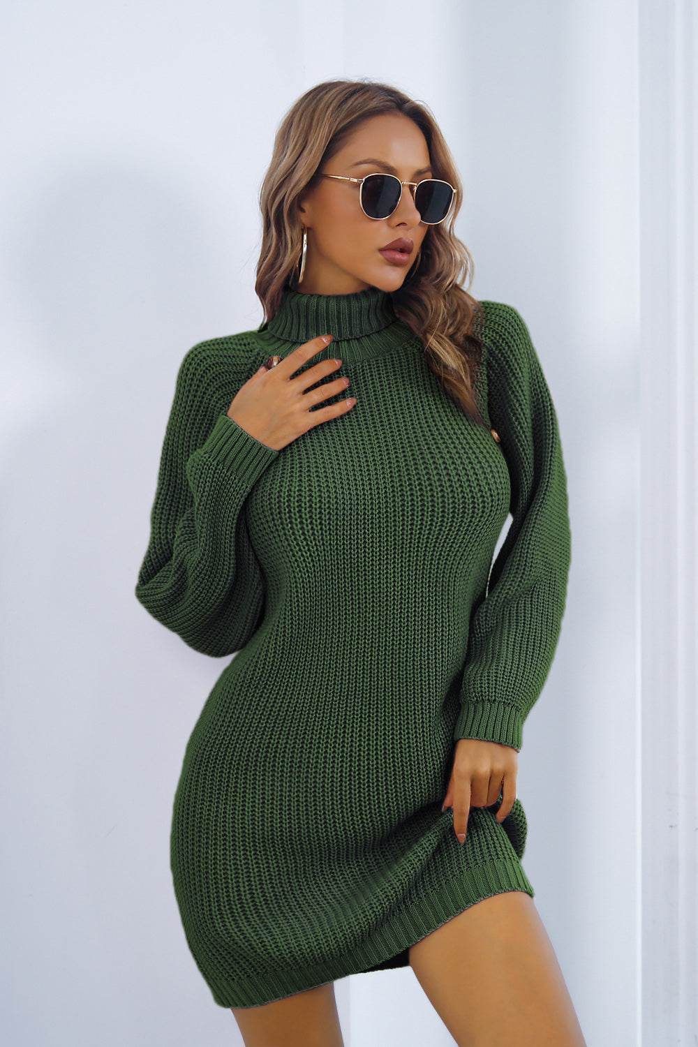 Buttoned Turtleneck Long Sleeve Sweater Dress Green for a perfect OOTD – dress to impress outfits from Amexza