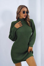 Buttoned Turtleneck Long Sleeve Sweater Dress Green for a perfect OOTD – dress to impress outfits from Amexza