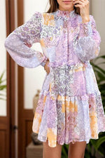 Frill Printed Mock Neck Long Sleeve Mini Dress Pink Purple for a perfect OOTD – dress to impress outfits from Amexza