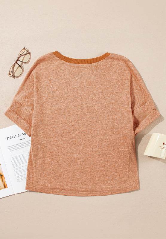 Stud Heart Patch Round Neck Short Sleeve T-Shirt - Amexza