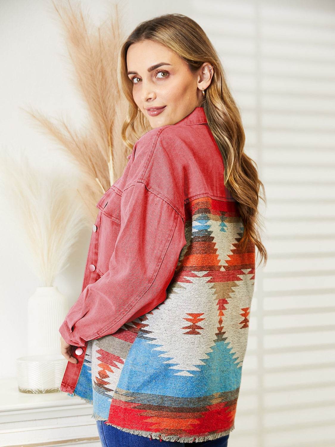 Dropped Shoulder Long Sleeve Printed Denim Jacket for a perfect OOTD – dress to impress outfits from Amexza