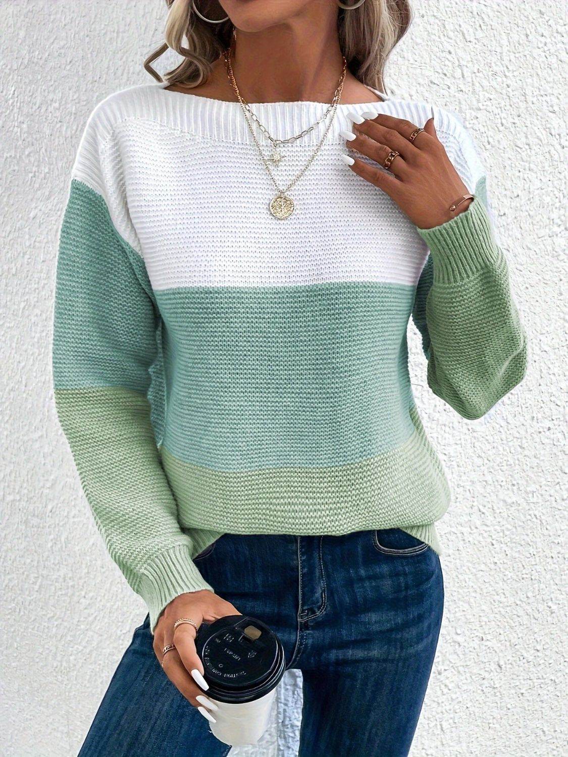 Color Block Boat Neck Sweater for a perfect OOTD – dress to impress outfits from Amexza