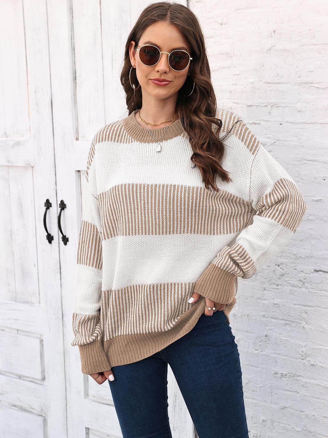Full Size Round Neck Drop Shoulder Sweater Khaki for a perfect OOTD – dress to impress outfits from Amexza