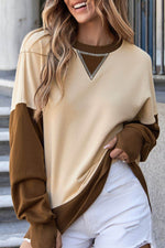 Color Block Round Neck Long Sleeve Sweatshirt Khaki for a perfect OOTD – dress to impress outfits from Amexza