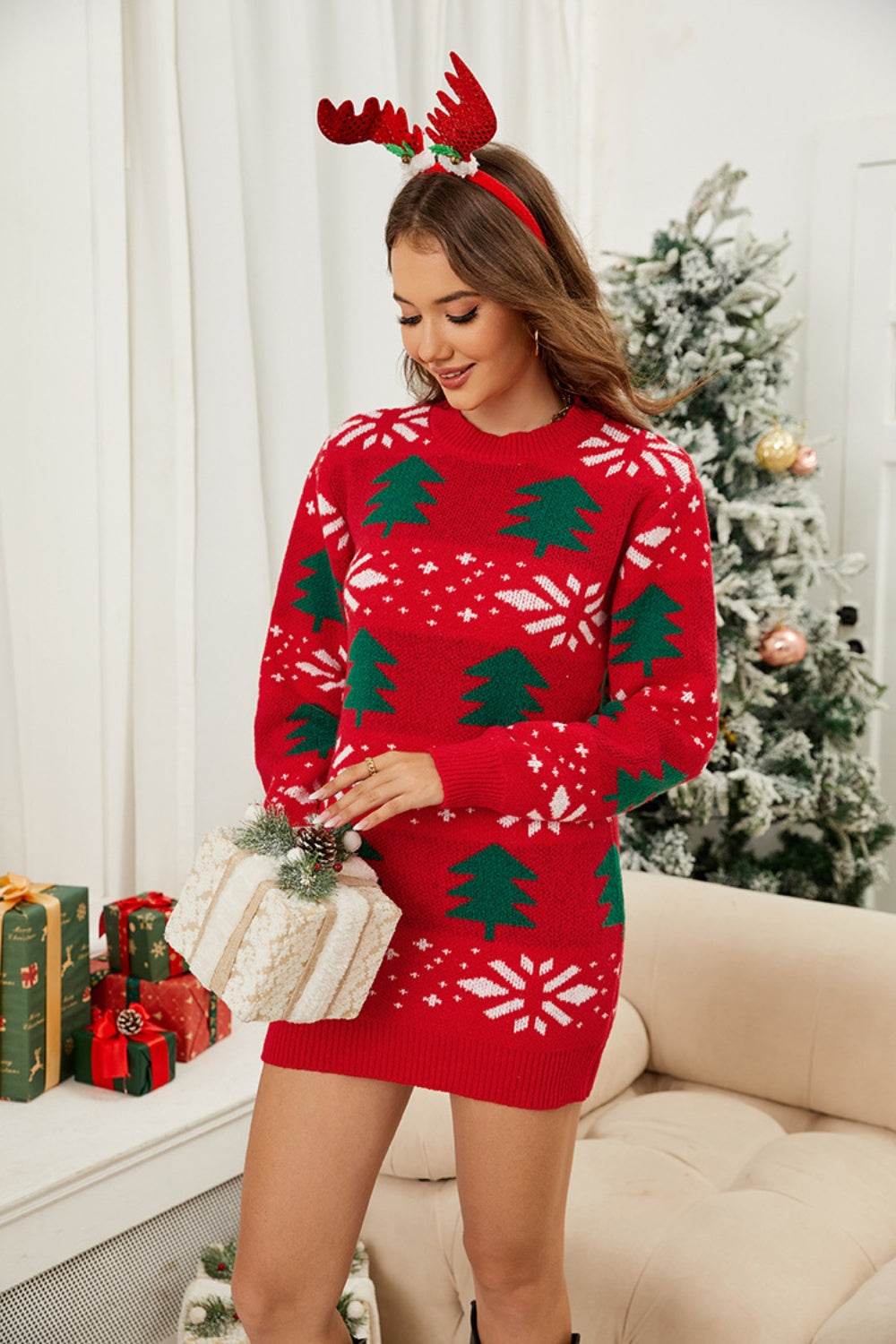 Christmas Tree Round Neck Sweater Dress for a perfect OOTD – dress to impress outfits from Amexza