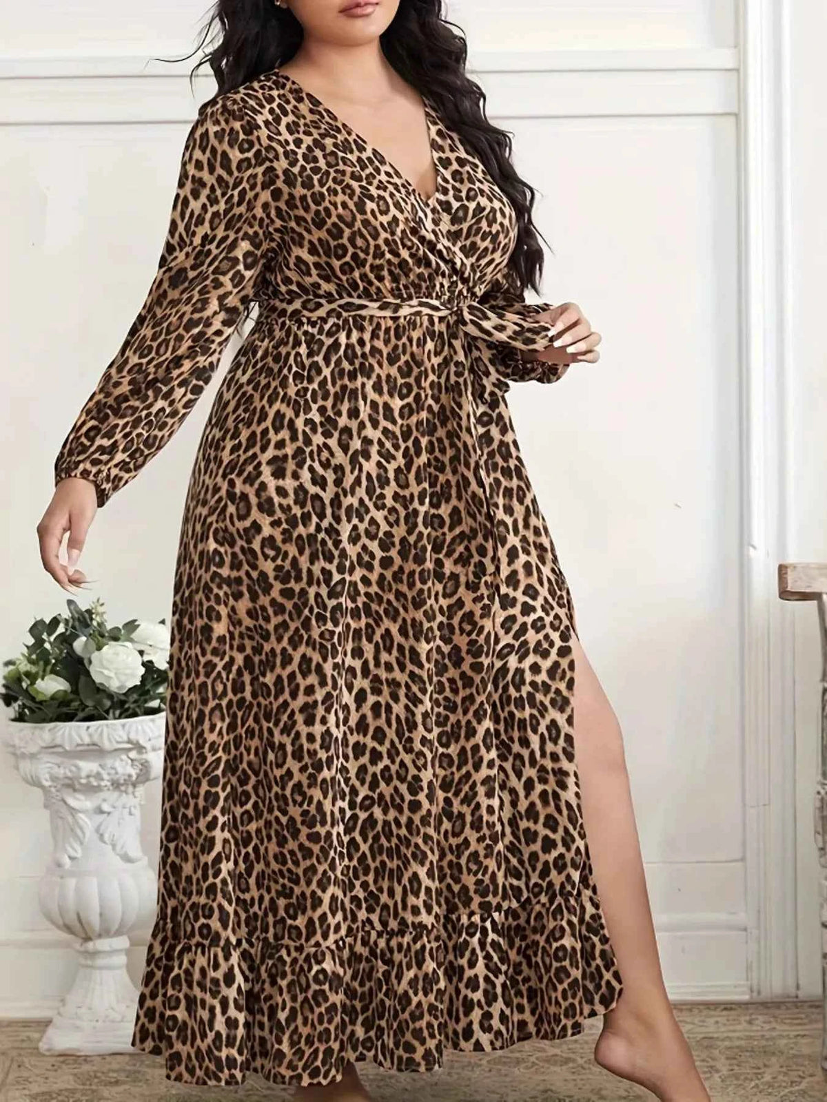Plus Size Leopard Print Surplice Maxi Dress