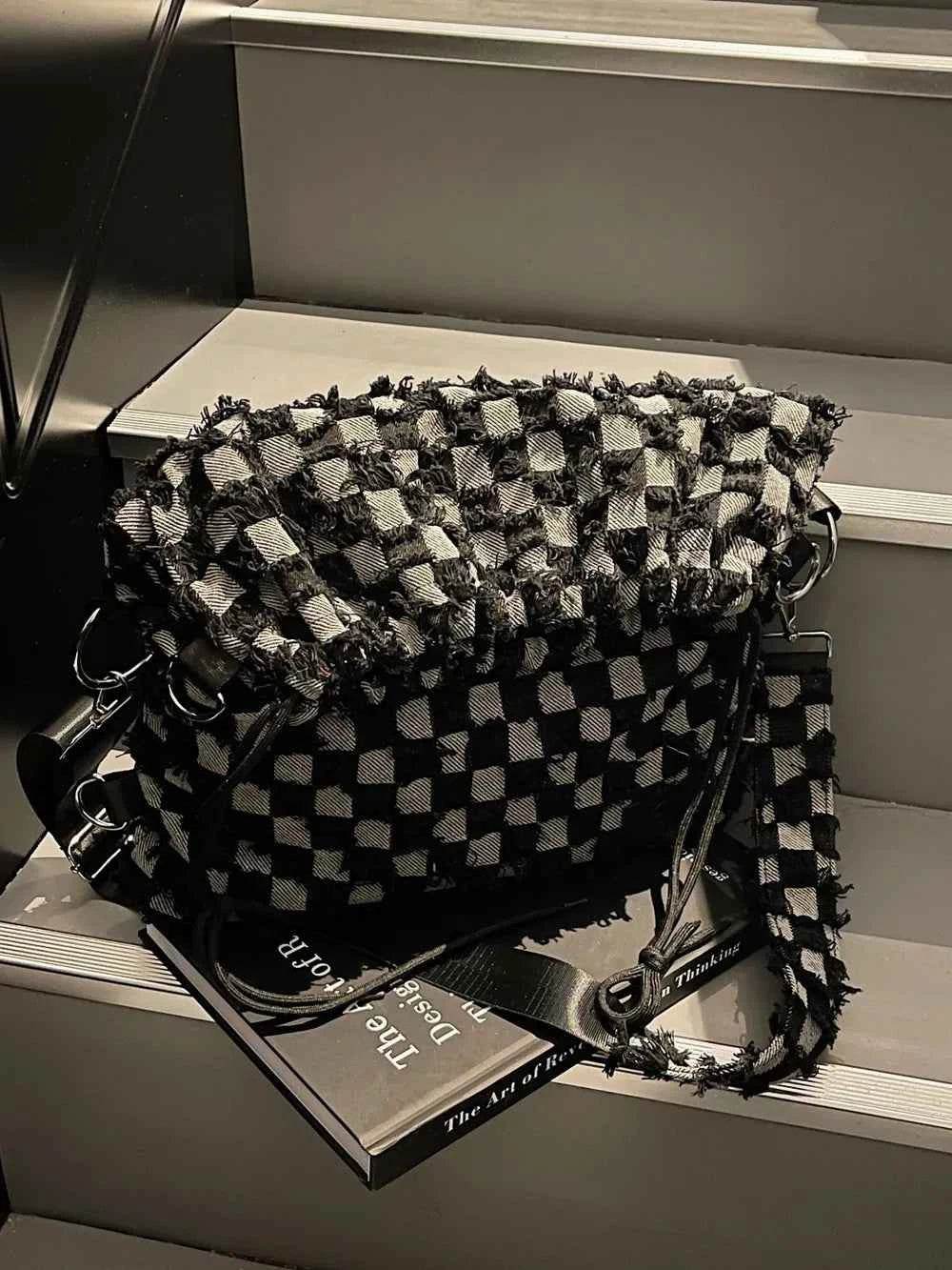 Checkered Raw Edge Adjustable Strap Convertible Bag Black One Size for a perfect OOTD – dress to impress outfits from Amexza