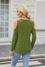 Ribbed Cold Shoulder Long Sleeve Top - Amexza