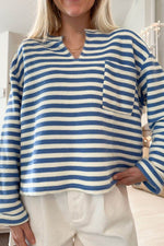 Stripe Chest Pocket Notched Top - Amexza