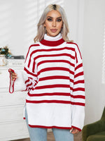 Striped Slit Turtleneck Drop Shoulder Sweater Deep Red for a perfect OOTD – dress to impress outfits from Amexza