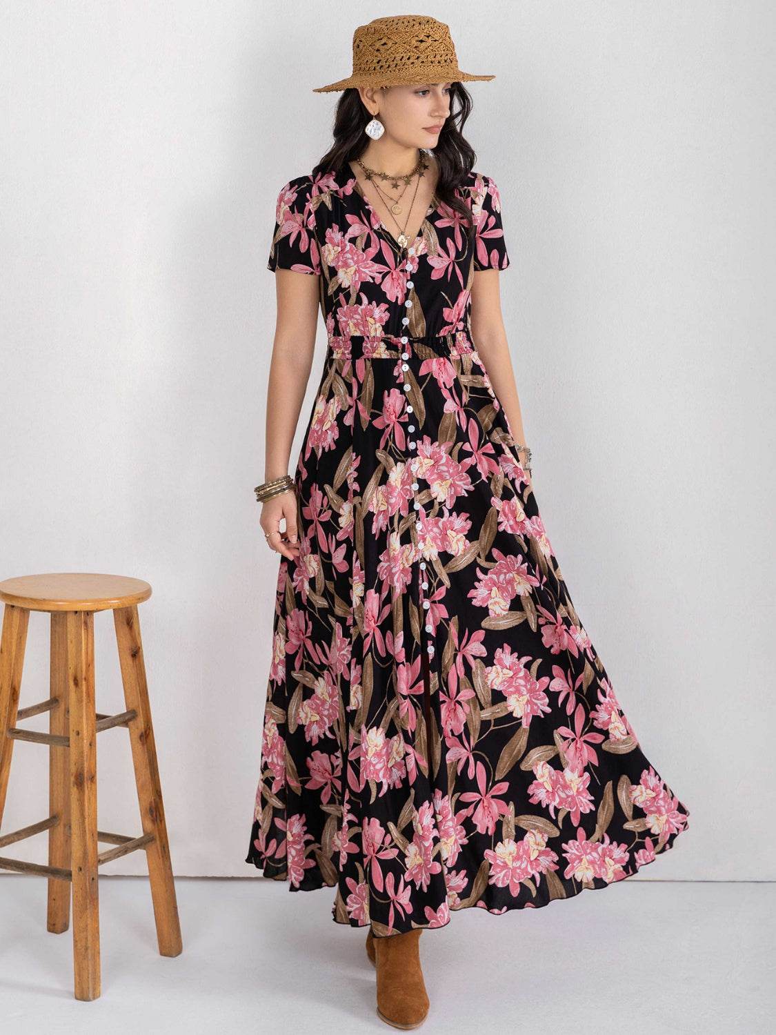 Floral V-Neck Slit Dress - Amexza