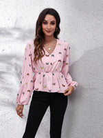 Butterfly V-Neck Balloon Sleeve Peplum Blouse - Amexza