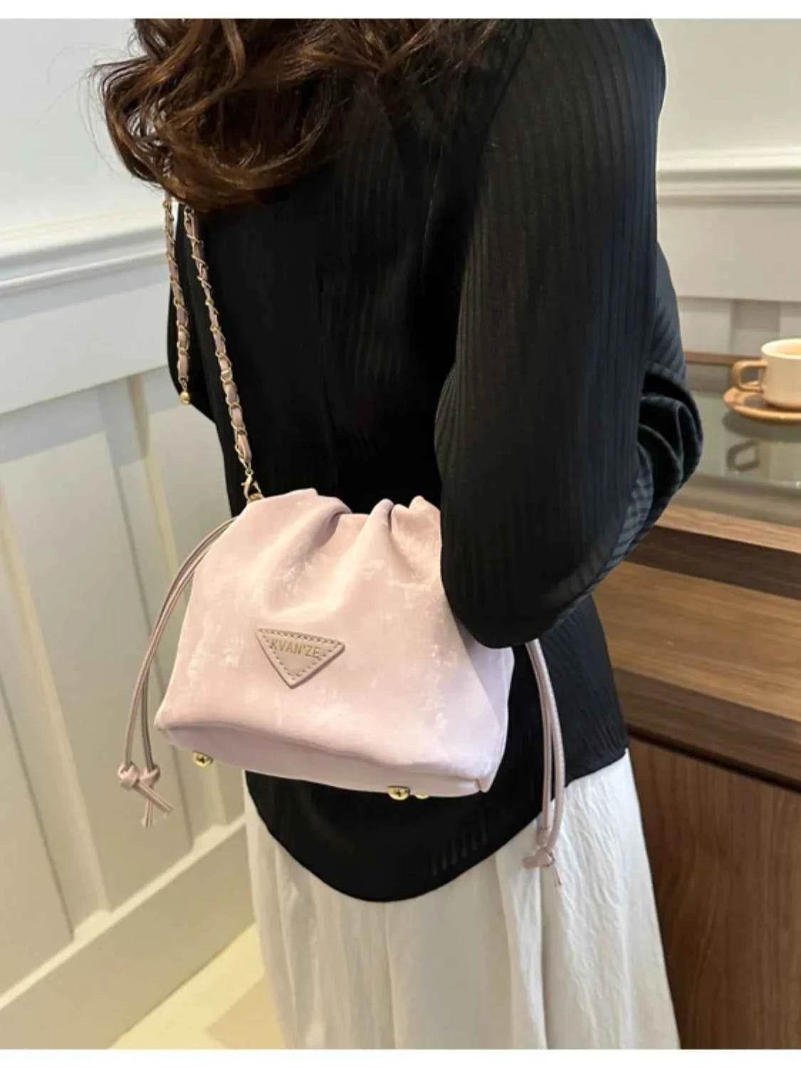 Drawstring Chain Strap Bucket Bag Blush Pink One Size for a perfect OOTD – dress to impress outfits from Amexza