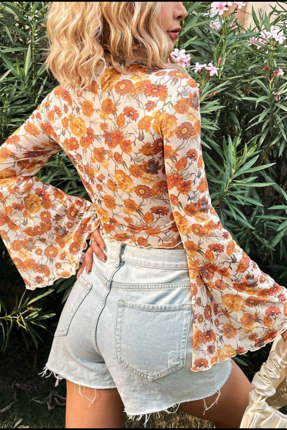 Printed Mock Neck Flare Sleeve Top - Amexza