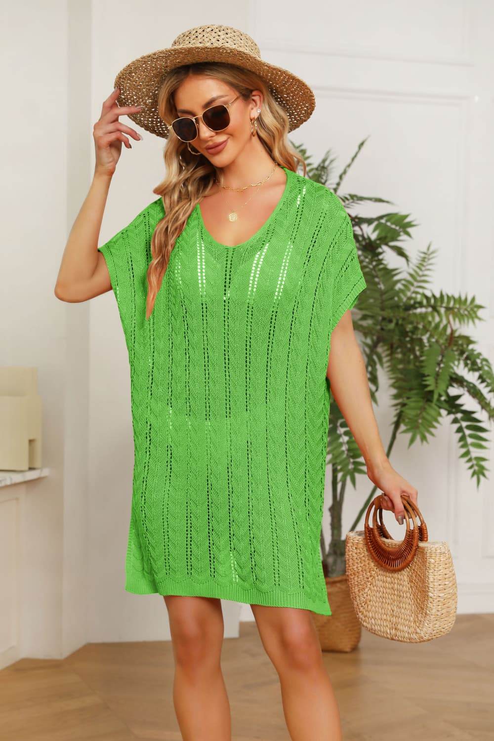 Openwork Side Slit Knit Dress Green One Size for a perfect OOTD – dress to impress outfits from Amexza
