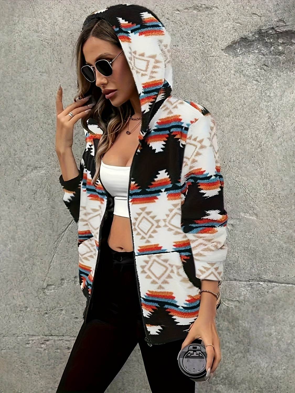 Geometric Zip Up Hooded Sherpa Jacket - Amexza