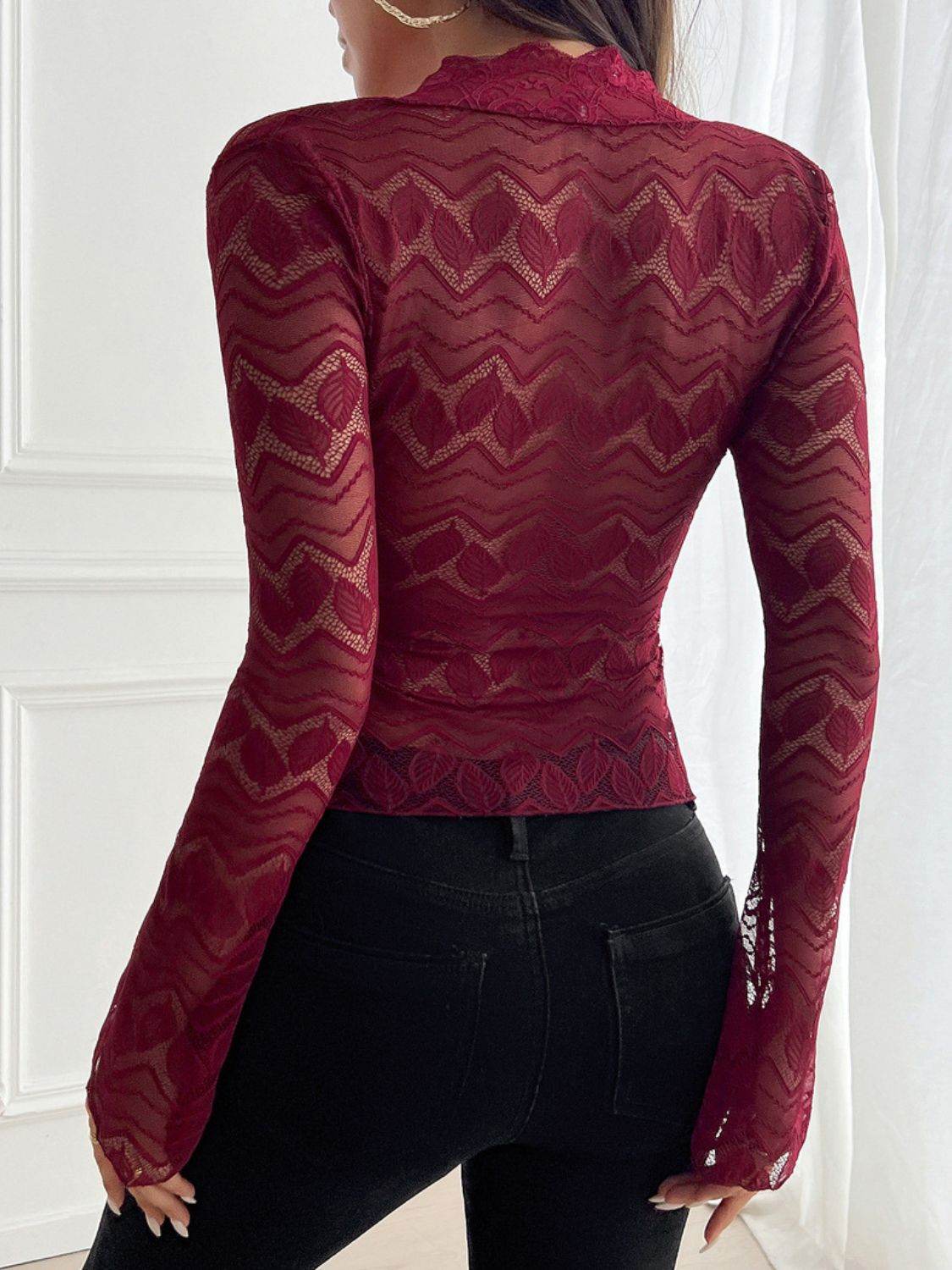 Devine Plunge Long Sleeve Lace Top - Amexza
