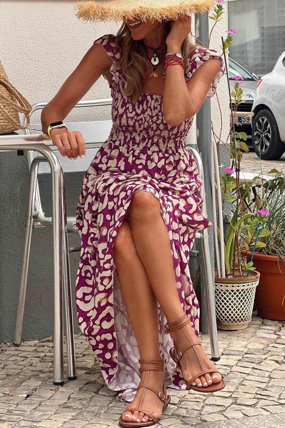 Ruffled Printed Wide Strap Dress - Amexza