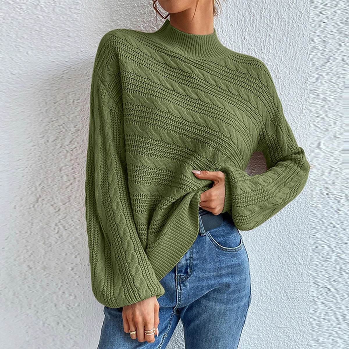 Cable-Knit Mock Neck Long Sleeve Sweater Matcha Green for a perfect OOTD – dress to impress outfits from Amexza