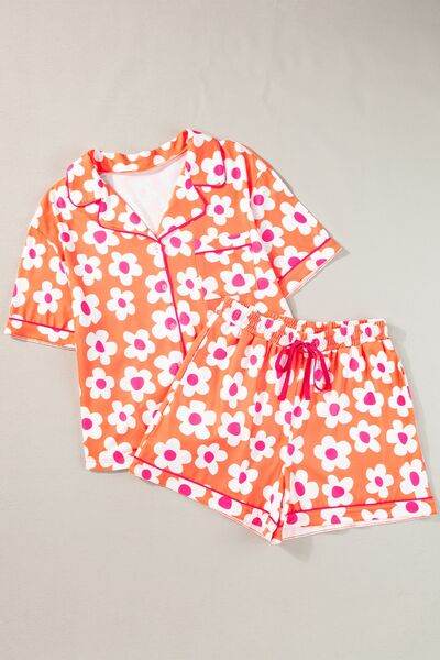 Pocketed Flower Half Sleeve Top and Shorts Lounge Set Orange for a perfect OOTD – dress to impress outfits from Amexza