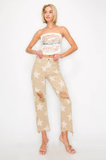 RISEN Full Size High Rise Star Printed Frayed Hem Jeans - Amexza
