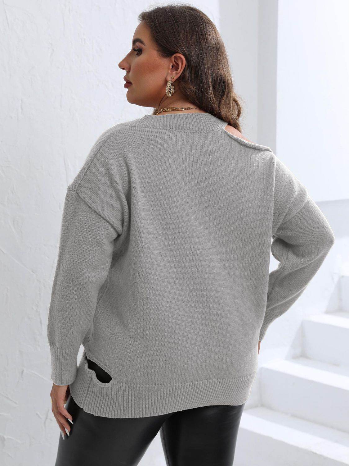 Plus Size Cutout V-Neck Sweater for a perfect OOTD – dress to impress outfits from Amexza