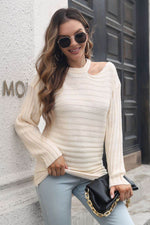 Ribbed Cold Shoulder Round Neck Pullover Sweater Ivory for a perfect OOTD – dress to impress outfits from Amexza