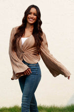 Twisted Smocked Flare Sleeve Cropped Top - Amexza