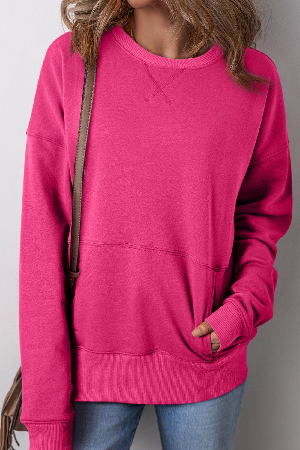 Solid Color Round Neck Long Sleeve Sweatshirt Deep Rose for a perfect OOTD – dress to impress outfits from Amexza