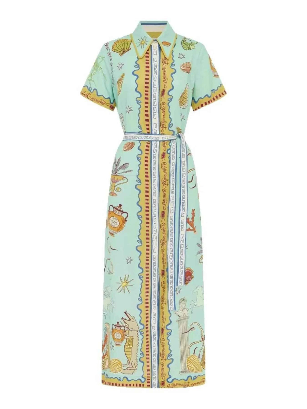 Printed Short Sleeve Maxi Shirt Dress with Belt