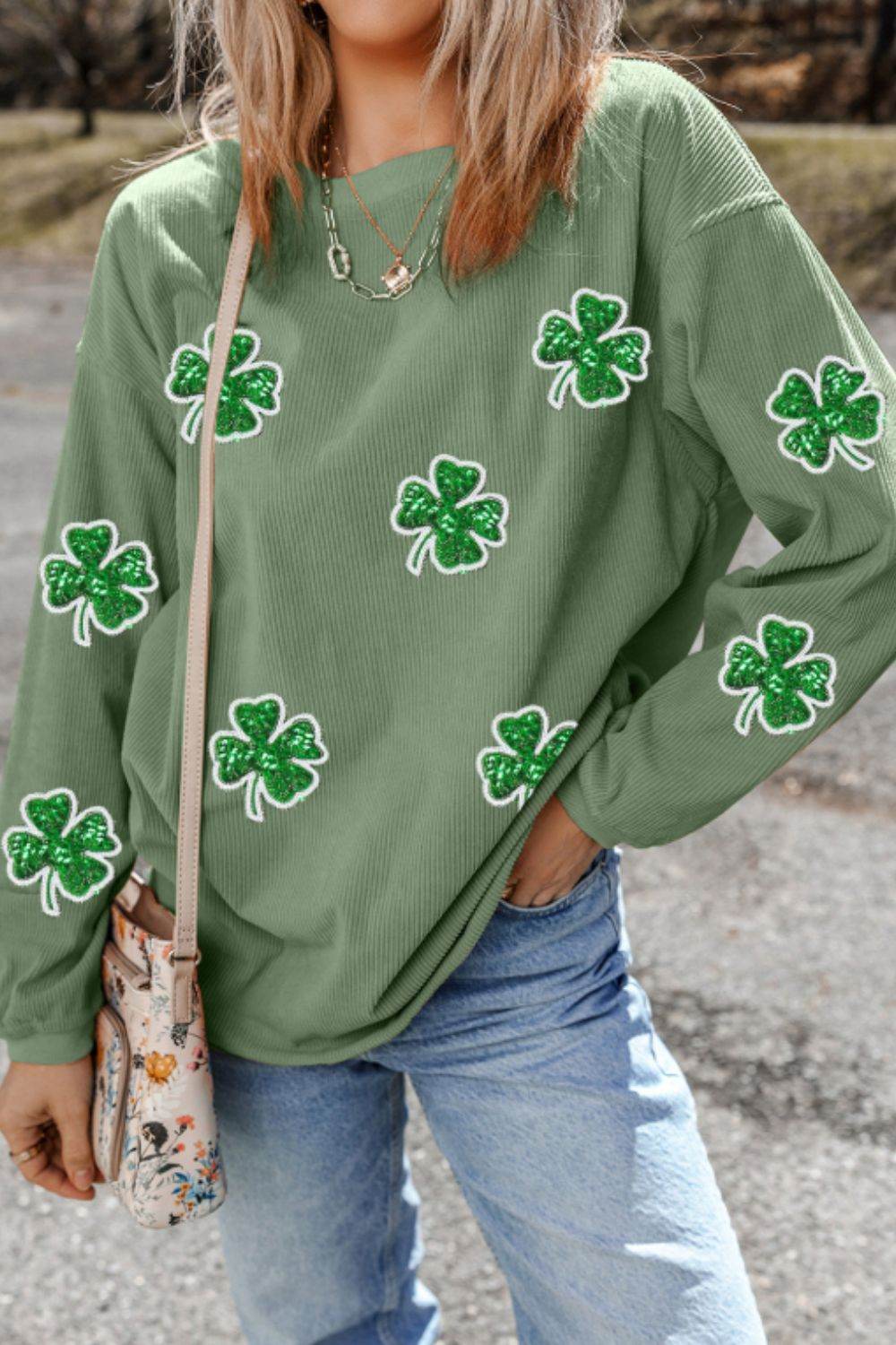 Sequin Lucky Clover Round Neck Long Sleeve Sweatshirt for a perfect OOTD – dress to impress outfits from Amexza